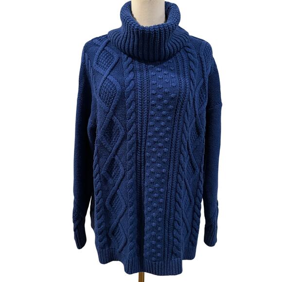 Lands End Wool Blend Royal Blue Chunky Cable Knit Turtleneck Sweater Women Large - Picture 1 of 8